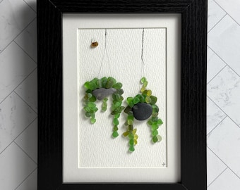 Hanging Plant Succulent Sea Glass Art, Framed 5x7 Beach Wall Decor, Unique Plant Lover Gift, Housewarming, Gardener, College Dorm Decoration