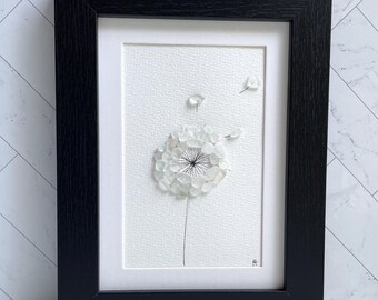 Dandelion Theme Sea Glass Art, Framed 5 x 7 Beach Glass Wall Decor Housewarming or Gift for a Nature Lover, Floral Birthday Gift for Friend