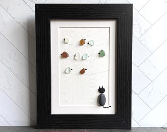 Cat & Bird Theme Sea Glass Art, Framed 5 x 7 Beach Glass Wall Decor for Cat Lover, Hostess Gift for a Bird Watcher, Birthday Gift for Friend