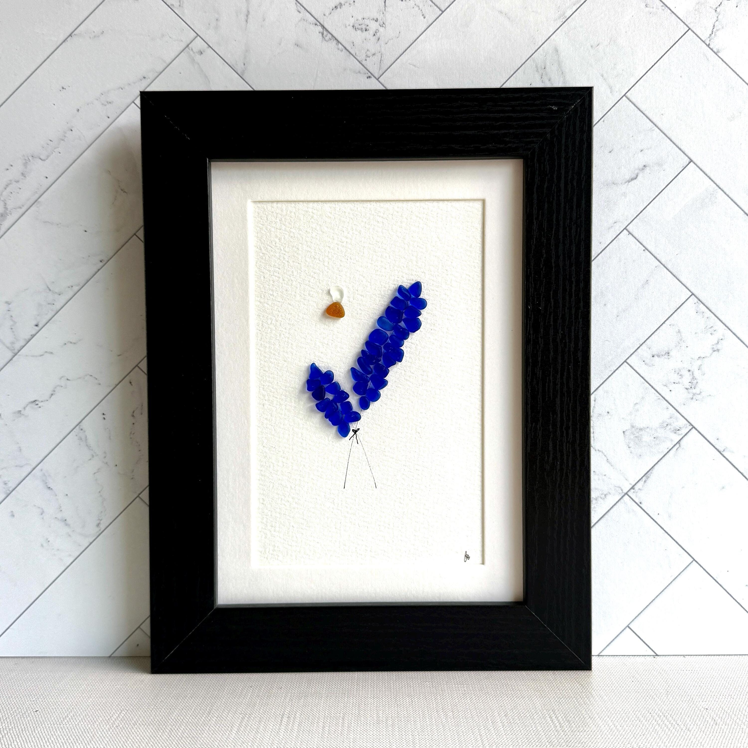 Cobalt Blue Flowers Sea Glass Art, Lavender Delphinium Framed 5 x 7 Beach Glass Wall Decor, Housewarming Gift or Birthday Gift for Gardener