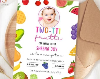 Invitación de cumpleaños Two-tti Frutti Invitación digital colorida Two-tti Frutti Invitación frutal tropical editable Invitación editable