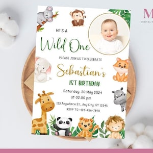 Invitación de primer cumpleaños de Wild One con foto, invitación de fiesta de safari de Wild One, cumpleaños de niño, plantilla imprimible de animales de la jungla, descarga instantánea