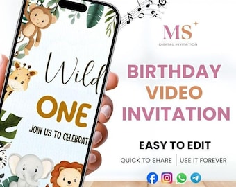 Convite de Aniversário Safari, Convite em Vídeo Editável para o 1º Aniversário "Wild One", Convite com Animais da Savana, Modelo de Vídeo para Download Imediato