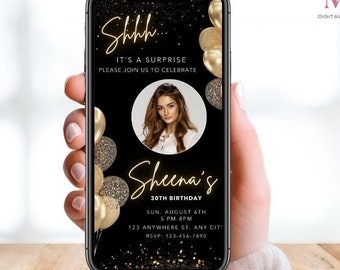 Convite surpresa EDITÁVEL para 30º aniversário, convite de aniversário preto e dourado, convite digital para 30º aniversário, convite para download instantâneo