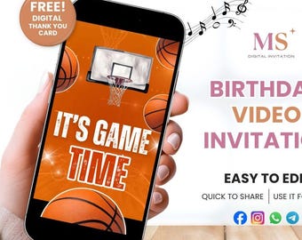 Convite de Basquete, Convite de Aniversário em Vídeo com Tema de Basquete, Convite Moderno de Basquete, Festa de Aniversário para Menino, Modelo Digital Editável para Fazer Você Mesmo