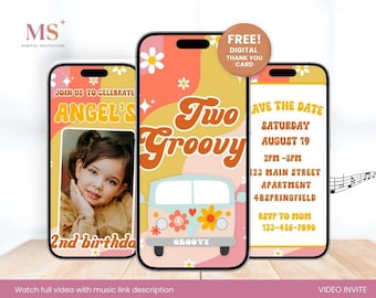 Convite em vídeo de aniversário TWO Groovy, convite animado editável em arco-íris TWO Groovy, convite de aniversário retrô, 2º aniversário, download digital