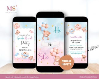 Convite digital para revelação de gênero, convite com ursinho de pelúcia, vídeo animado para revelação de gênero, download instantâneo editável