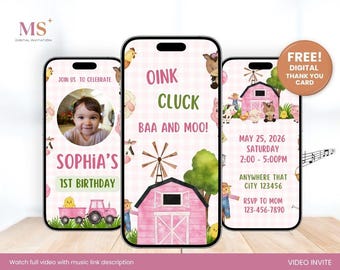 Convite de aniversário com tema de fazenda para menina, convite editável com animais de fazenda e flores, convite em vídeo com tema de celeiro rosa, modelo de vídeo editável para Canva.