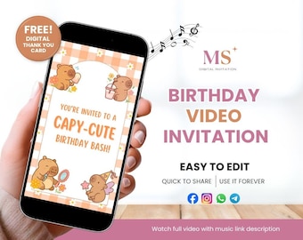 Convite de aniversário em vídeo com tema de capivara, aniversário de capivara, aniversário de capivara, convite de capivara com foto, modelo de vídeo Canva autoeditável