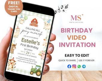 Plantilla de invitación de video de cumpleaños con temática de granja, animales de corral (descarga digital)
