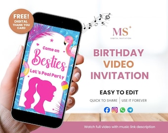 Convite para Festa de Bonecas, Convite em Vídeo para Aniversário de Boneca Rosa, Convite para Festa de Boneca, Convite para Festa de Verão na Piscina, Modelo de Vídeo Editável no Canva