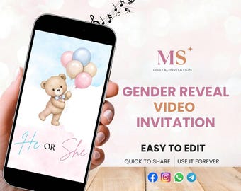 Invitación digital para revelar el sexo del bebé, invitación con osito de peluche para revelar el sexo del bebé, video animado para revelar el sexo del bebé, descarga instantánea.