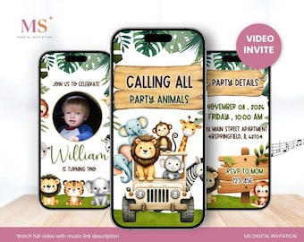 Convite de primeiro aniversário Safari, Convite de aniversário Wild One, Convite digital em vídeo para primeiro aniversário, Convite de primeiro aniversário Jungle, Modelo editável Canva
