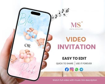 Convite digital editável para revelação de gênero, convite para revelação de gênero com ursinho de pelúcia, vídeo animado para revelação de gênero, download instantâneo