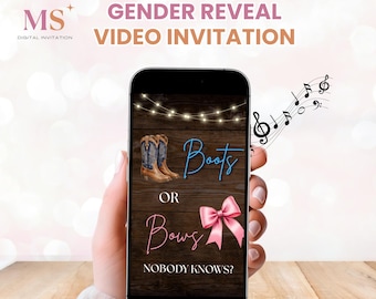 Invitación en video para revelar el sexo del bebé con temática de botas rústicas o lazos, invitación digital editable para niño o niña.