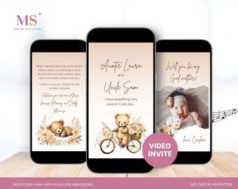 Will you be my Godparents Proposal Digital Template, Boho Bear Modern Godmother, and Godfather Proposal with photo, Self-Edit Invitation