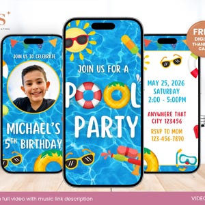 Invitación en vídeo para fiesta de cumpleaños en la piscina, fiesta de cumpleaños en la piscina, fiesta de cumpleaños de verano, plantilla de vídeo editable de Canva