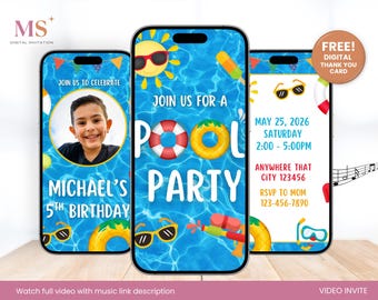 Invitación de video para fiesta de cumpleaños en la piscina, fiesta de cumpleaños en la piscina, fiesta de cumpleaños de verano, plantilla de video editable de Canva