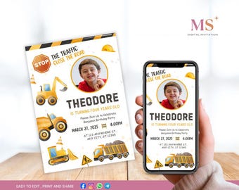Convite de construção editável, convite digital de aniversário de construção com moldura para fotos, modelo para impressão, download instantâneo