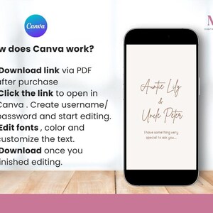 May include: A smartphone screen displays a digital invitation with the names "Auntie Lily & Uncle Peter" in a stylish font. The image also shows Canva usage instructions and the "MS Digital Invitation" logo, all set against a neutral background.
