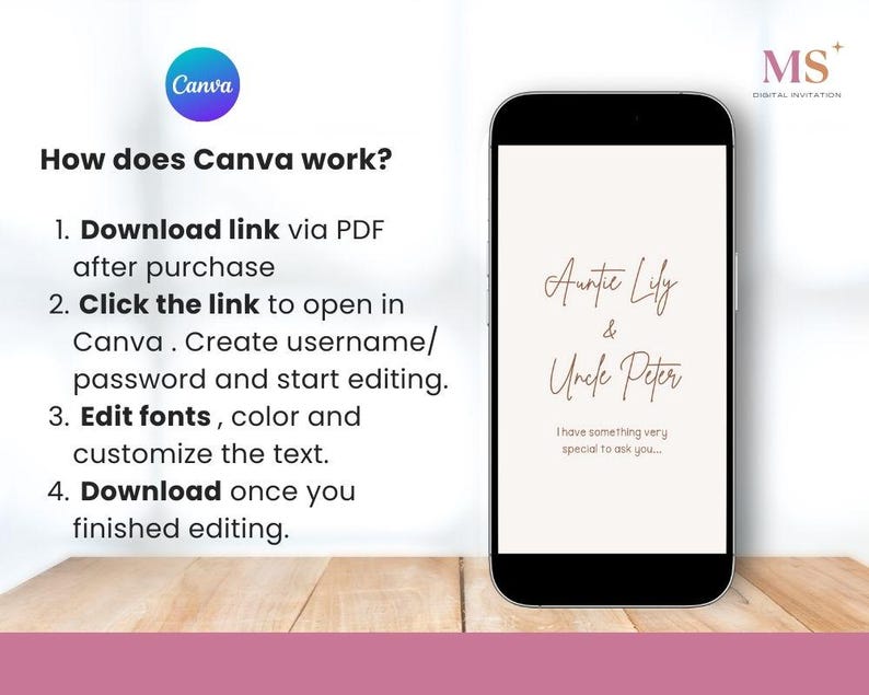 May include: A smartphone screen displays a digital invitation with the names "Auntie Lily & Uncle Peter" in a stylish font. The image also shows Canva usage instructions and the "MS Digital Invitation" logo, all set against a neutral background.