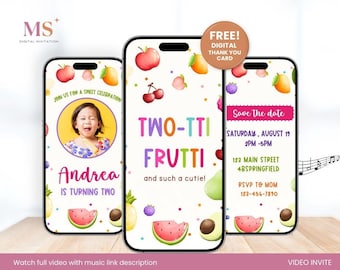 Invitación de cumpleaños en video de Two-tti Frutti, invitación digital animada y colorida de Two-tti Frutti, invitación frutal tropical editable.