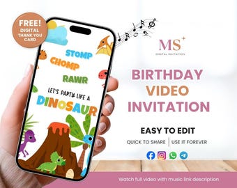May include: A digital birthday video invitation with a dinosaur theme. The invitation features a cartoon volcano, palm trees, and dinosaurs. The text on the invitation reads "Let's party like a dinosaur!" and "Birthday Video Invitation".