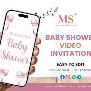 Blush Pink Bow Baby Shower Video Invitation , Editable Elegant Watercolor Coquette Bow Invitation , Pink Girl Baby Shower Invite Pink Ribbon