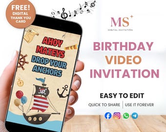 Convite de aniversário em vídeo com tema de pirata, Convite de pirata, Convite para festa infantil de pirata "Ahoy, camarada!", Modelo editável no Canva