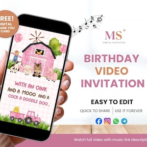 Pink Farm Birthday Video Invitation Template, Farm Animals Birthday Animated Invitation, Barnyard Invitation, Farm Invitation Digital Evite