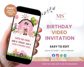 Sjabloon roze boerderij verjaardag video-uitnodiging, boerderijdieren geanimeerde verjaardagsuitnodiging, boerenerf uitnodiging, boerderij uitnodiging digitale Evite