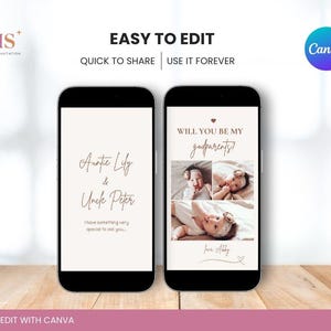 May include: Two smartphones showing digital invitations. One says "Auntie Lily & Uncle Peter," the other asks "Will you be my godparents?" with baby photos. The design uses soft neutral tones and elegant script fonts. The Canva logo is visible.