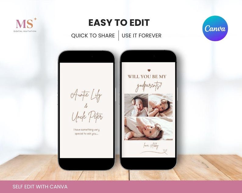 May include: Two smartphones showing digital invitations. One says "Auntie Lily & Uncle Peter," the other asks "Will you be my godparents?" with baby photos. The design uses soft neutral tones and elegant script fonts. The Canva logo is visible.