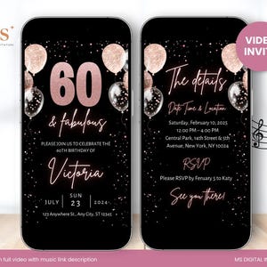 60th Birthday Party Video Invitation, 60th Glam Invite Ecard, Digital Animated Rose Gold Diamond Evite, Birthday Dinner Invitation for her