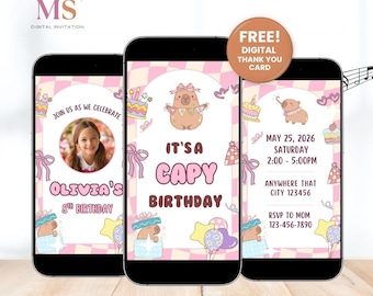 Invitación de cumpleaños animada con diseño de capibara, plantilla para fiesta de capibaras (invitación digital)