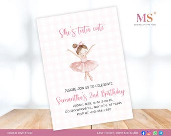 Convite de aniversário de 2 anos com tutu, bailarina moderna, xadrez rosa. Modelo para download instantâneo.