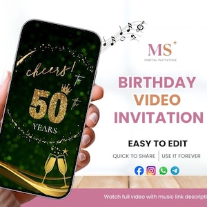 50th Birthday Party Video Invitation, Editable Green Gold Birthday Invitation, Green Gold , Emerald Green Video Template Instant Download