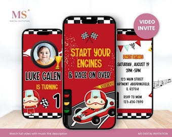 Convite de aniversário editável com tema de carro de corrida, convite em vídeo com tema de carro de corrida, convite de aniversário com vídeo de carro, convite editável "Corra!"
