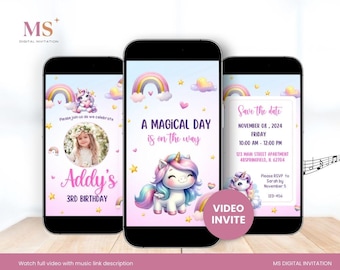 Modelo de convite digital para festa de aniversário de menina unicórnio arco-íris, convite editável de unicórnio rosa, convite digital em vídeo