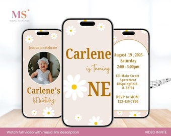 Convite em vídeo para o 1º aniversário da Daisy, convite de aniversário da Daisy editável, convite para o 1º aniversário, modelo de vídeo para Canva