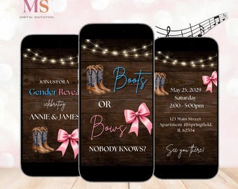 Invitación en vídeo para revelar el sexo del bebé con temática de botas rústicas o lazos: Plantilla editable de Canva (descarga digital)