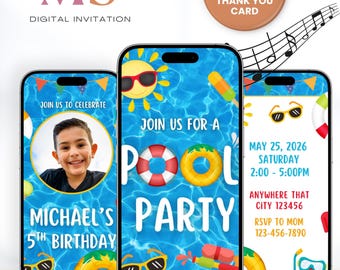 Invitación de video para fiesta de cumpleaños en la piscina, fiesta de cumpleaños en la piscina, fiesta de cumpleaños de verano, plantilla de video editable de Canva