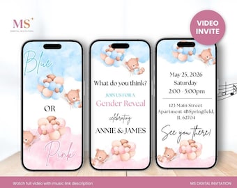 Invitación digital para revelar el género del bebé, invitación con osito de peluche, video animado para revelar el género del bebé, descarga instantánea editable