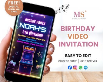Video de invitación de cumpleaños con temática de arcade, invitación de arcade, invitación con brillo neón, fiesta de videojuegos para niños, fiesta de videojuegos, fiesta de arcade, Canva editable