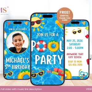 May include: A digital invitation for a pool party. The invitation features a blue pool with a yellow inflatable ring, a blue and yellow water gun, and a blue and white snorkel. The text on the invitation reads "Join us for a Pool Party" and "Michael's 5th Birthday".