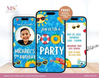 Convite em vídeo para festa de aniversário na piscina, Festa de aniversário na piscina, Festa de aniversário de verão, Modelo de vídeo editável no Canva