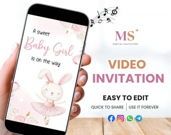 Modelo de convite em vídeo para chá de bebê com coelhinho, tema floral rosa e bosque, editável no Canva.