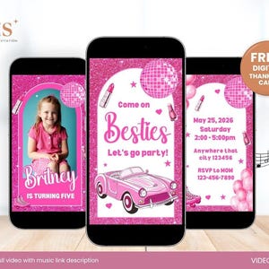 Doll Birthday Invitation, Pink Doll Birthday Video  Invite, Let&#39;s Go Party Pink Sparkle Party Invitation, Editable Video Invitation