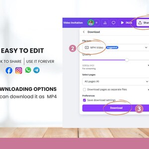 May include: A digital interface for downloading a video invitation as an MP4 file. The interface features a share button, file type selection, quality settings, and a download button. Text includes "Easy to Edit" and "Quick to Share".