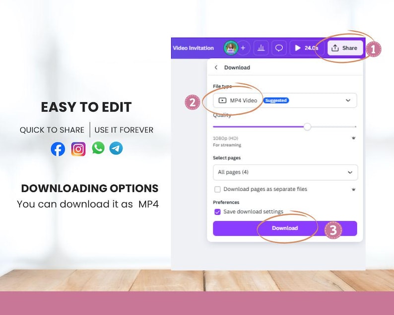 May include: A digital interface for downloading a video invitation as an MP4 file. The interface features a share button, file type selection, quality settings, and a download button. Text includes "Easy to Edit" and "Quick to Share".